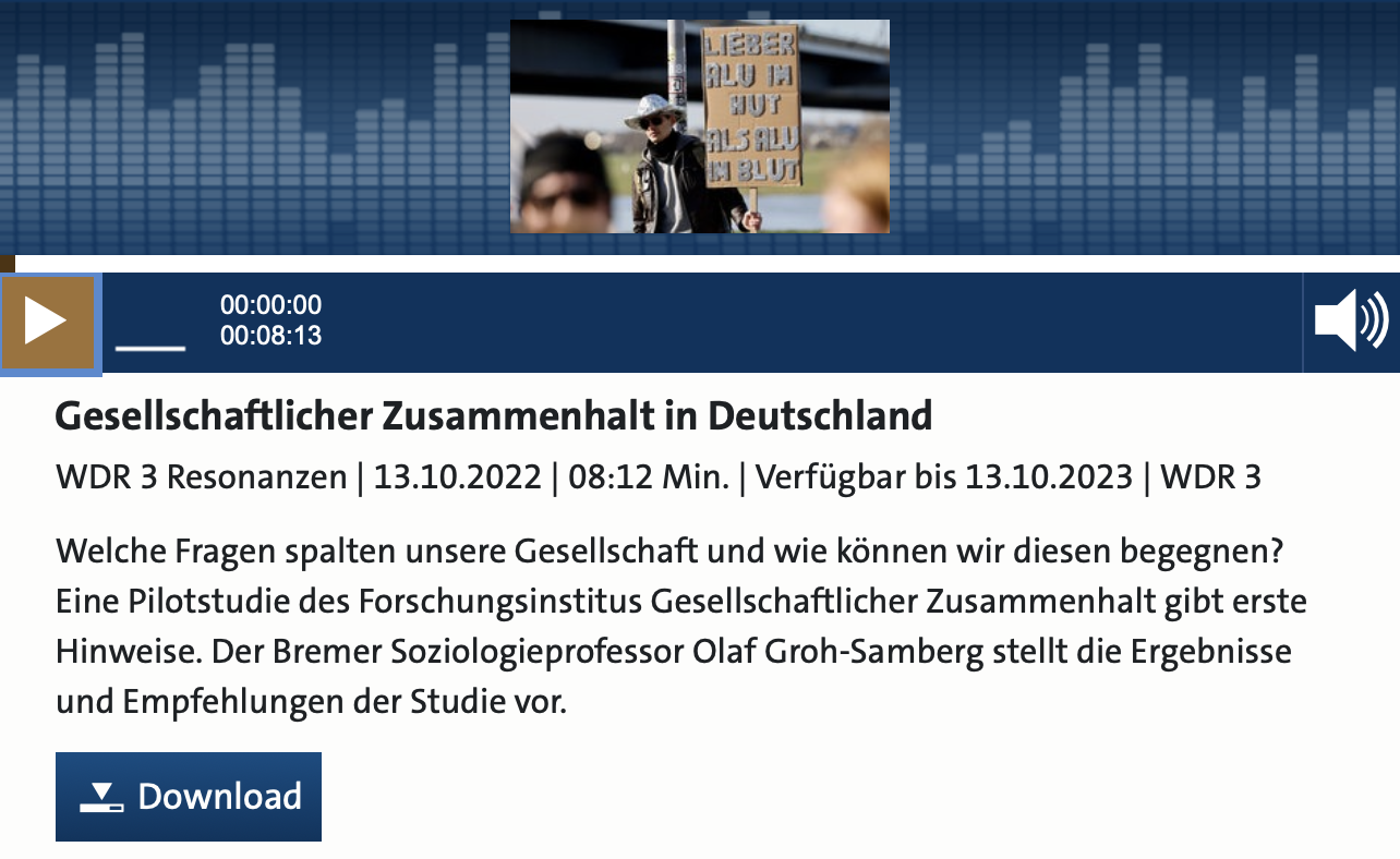 Gesellschaftlicher Zusammenhalt in Deutschland. Olaf Groh-Samberg über die FGZ-Pilotstudie im Gespräch mit WDR Resonanzen - Image